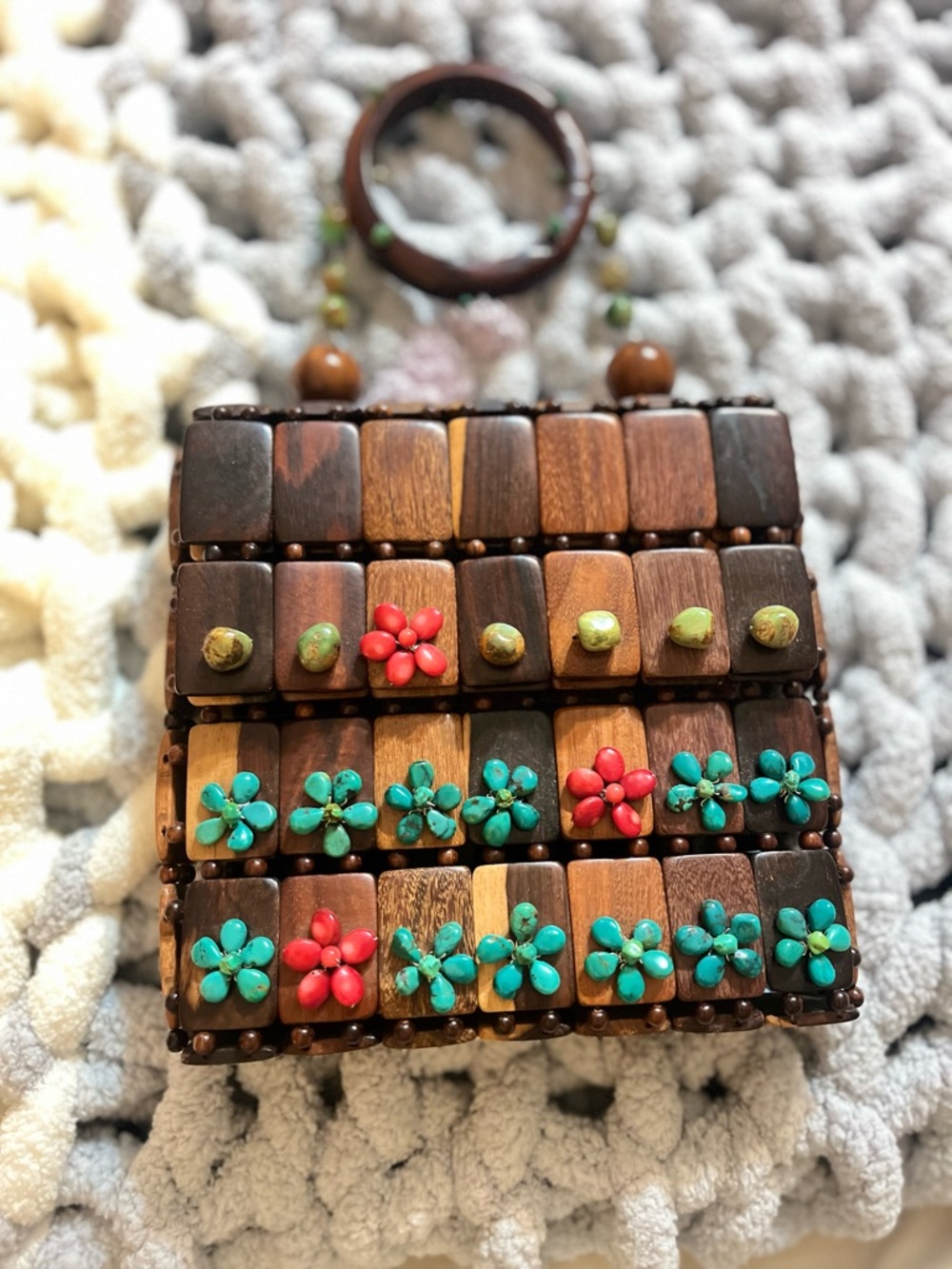 Wood Beaded Floral Bag with Turquoise & Red Accents